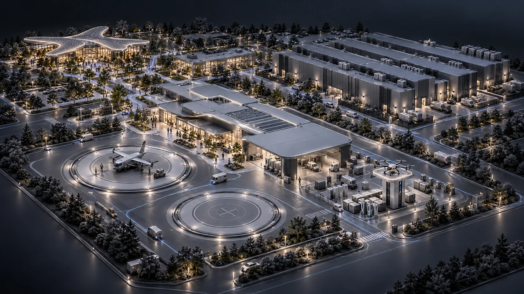 Silver-gray architectural model connecting landing platforms, cargo receiving, energy servicing, a training wing and computing campus with the Aero Town Star Centre.